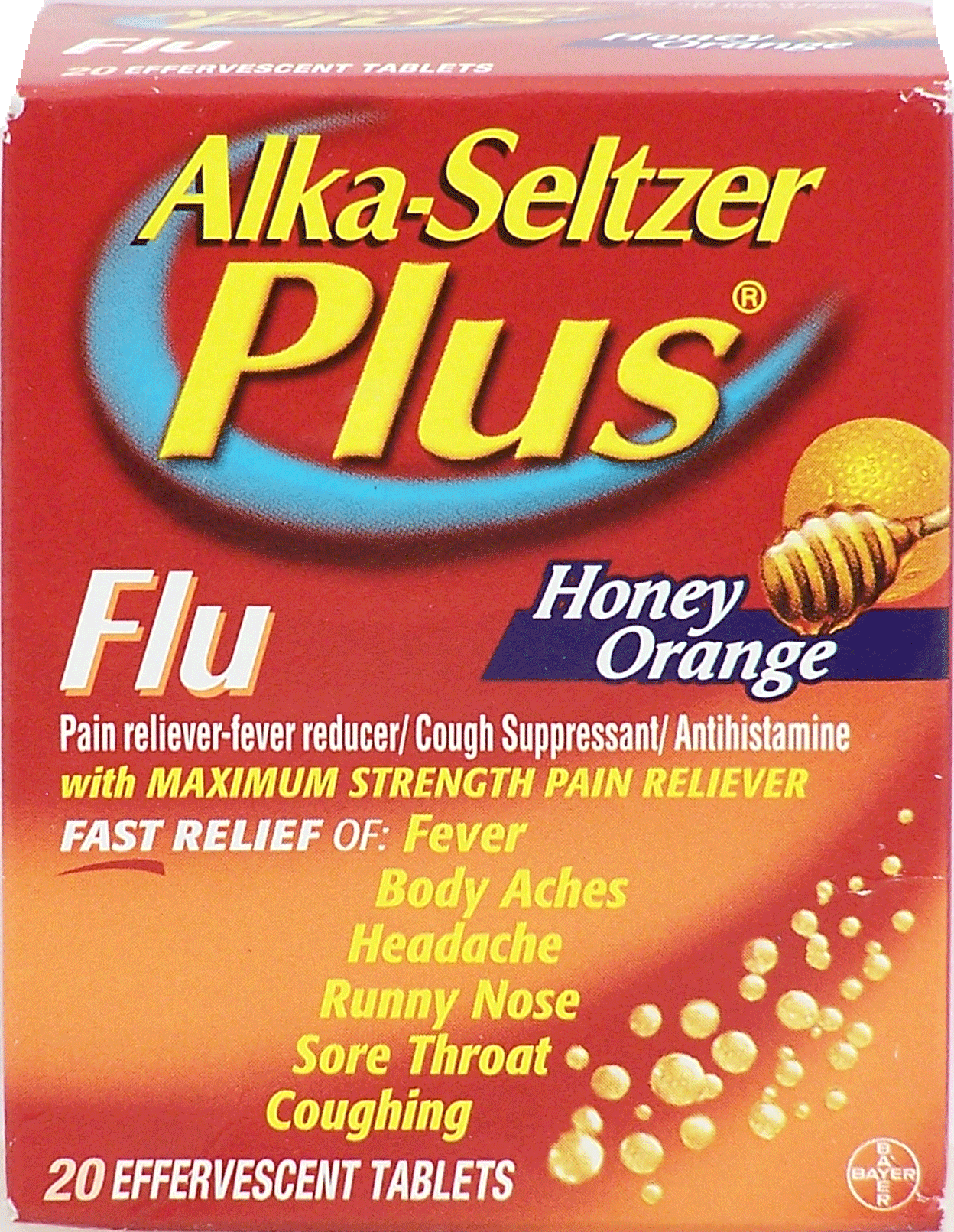 Alka Seltzer&nbsp;Plus&nbsp;flu medicine with maximum strength pain reliever effervescent tablets honey orange flavor Full-Size Picture